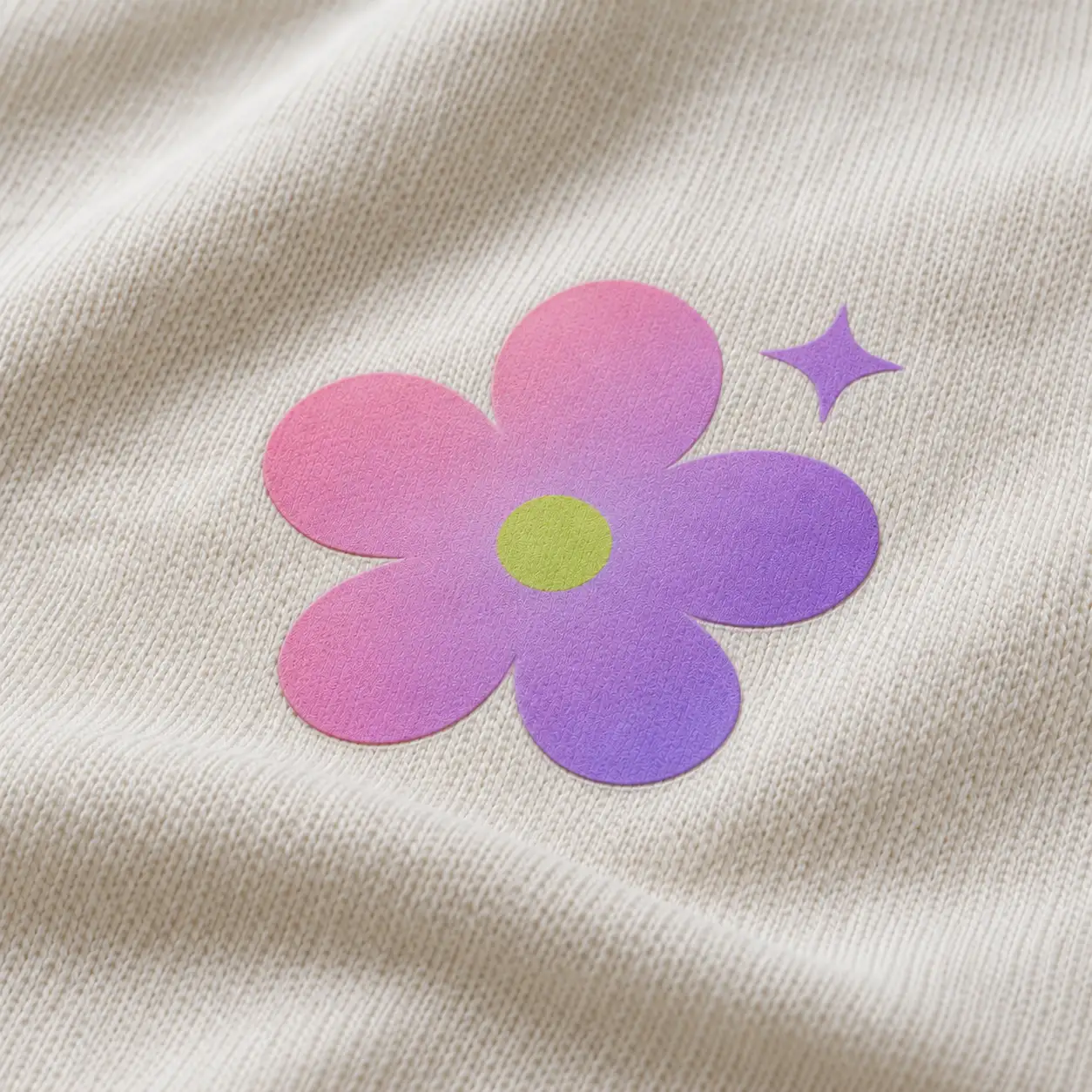 ภาพจำลอง DTF ลายดอกไม้ไล่สีบนผ้าฝ้าย เห็นชั้นสีบางและขอบลายเหนือผ้า