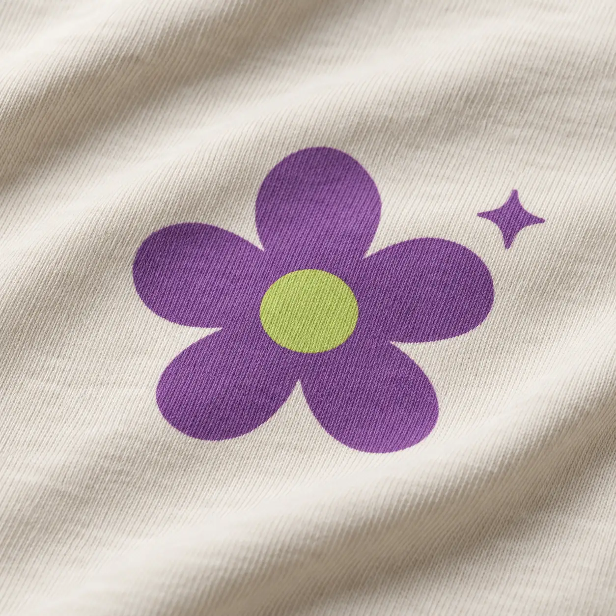 ภาพจำลอง Silk Screen ลายดอกไม้สีม่วงทึบและเกสรสีเขียวบนผ้าฝ้าย